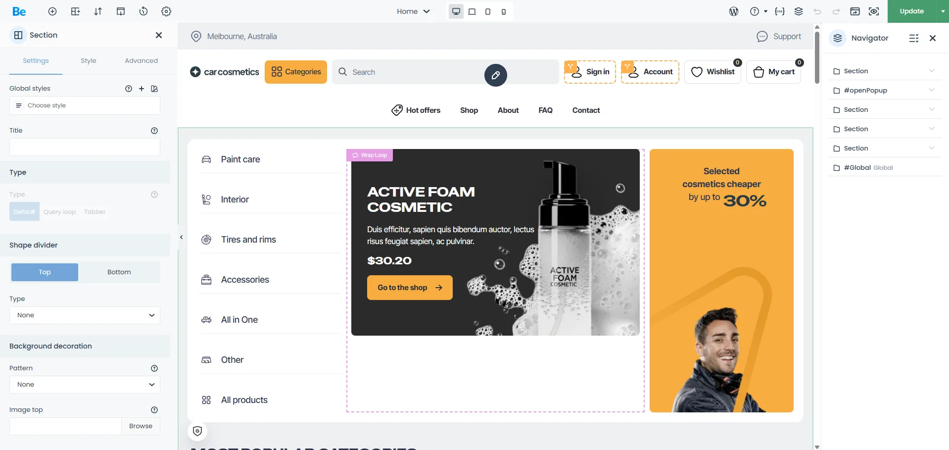 BeTheme's BeBuilder presentation with Car Cosmetics Pre-Built Website imported