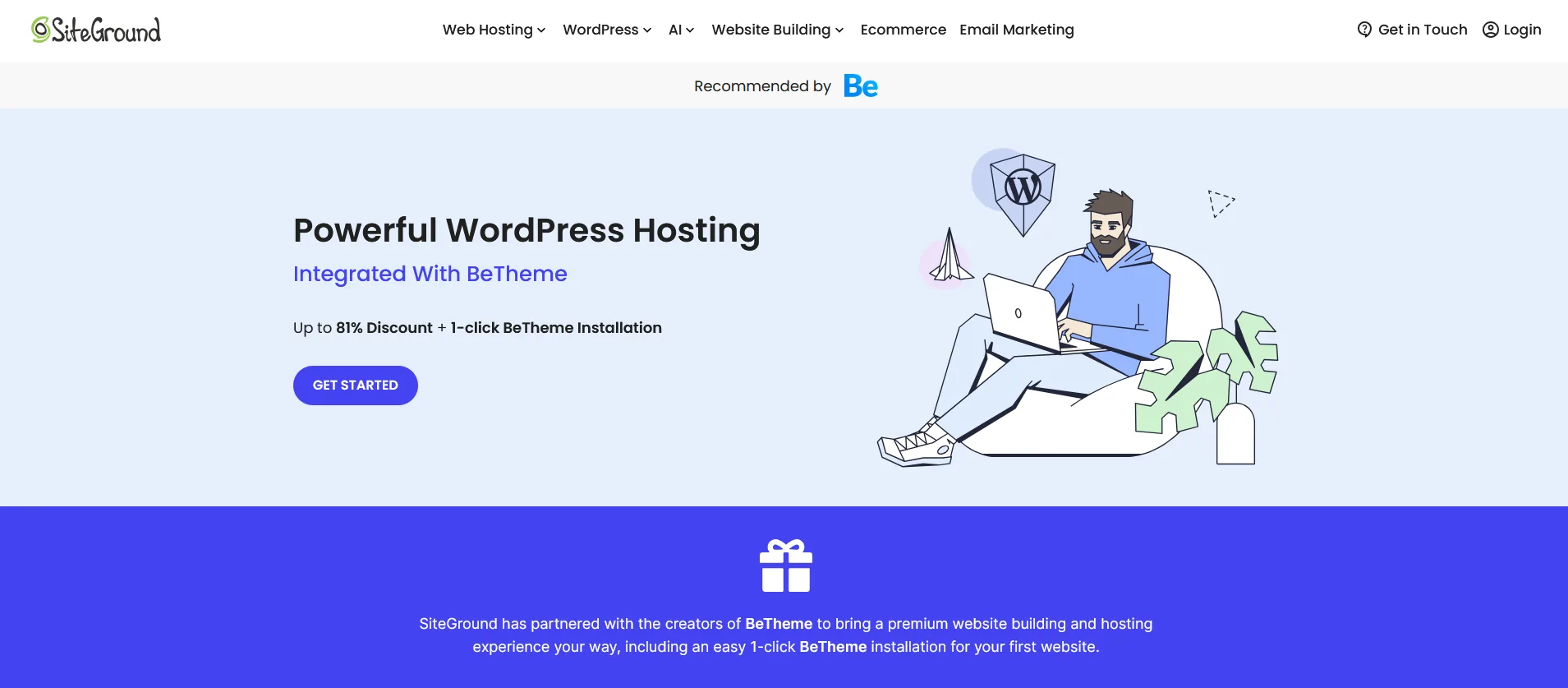SiteGround WordPress website subpage with info about integration with BeTheme and 1 click BeTheme installation