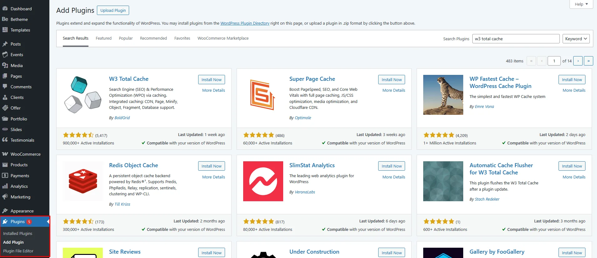 Wordpress Website Plugins panel With w3 total cache search field filled 
