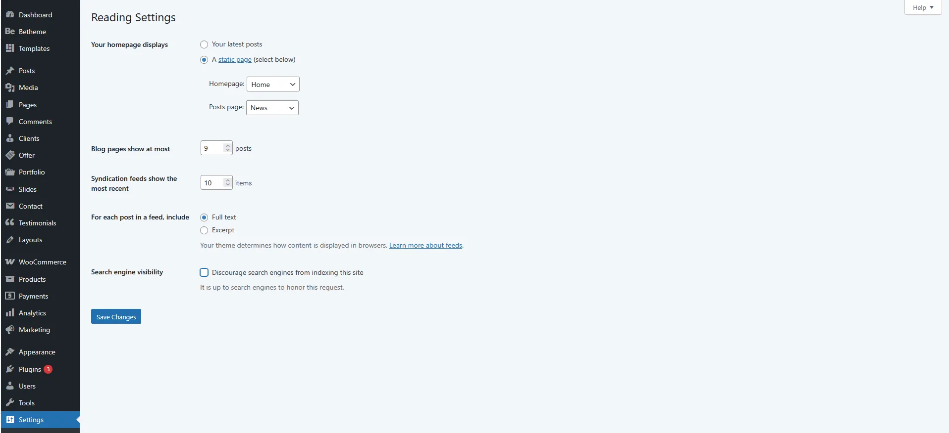 Wordpress Website Settings Reading page where Search engine visibility checkbox option is unchecked