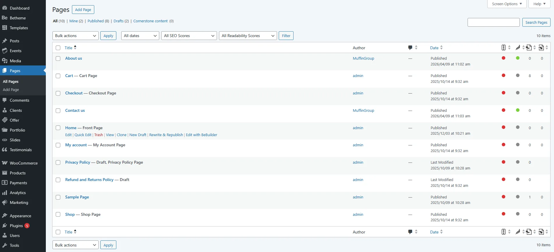 Wordpress Pages panel screenshot with popular pages are shown